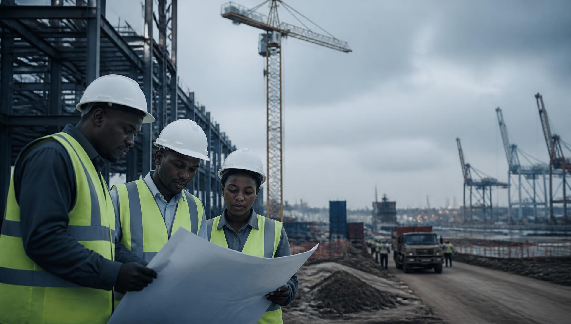 Project team reviewing plans on an industrial construction and port logistics site